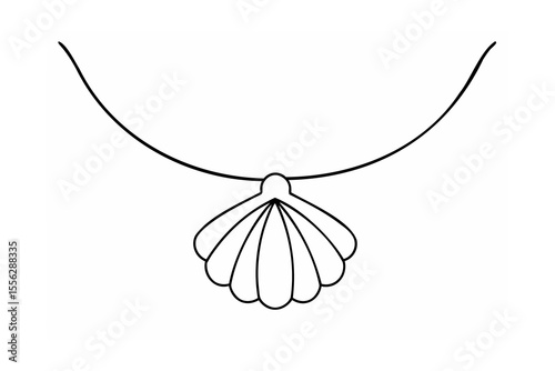 Black line drawing of a seashell pendant necklace on white background