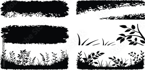 Handdrawn silhouettes of foliage grass elements with rectangular shapes on background