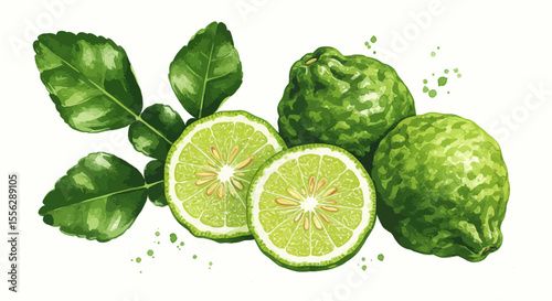 Vibrant Watercolor Illustration Depicts Fresh Lemongrass Tea Ingredients With Cut Limes And Green Leaves Exhibiting Delicate Detail On A White Background