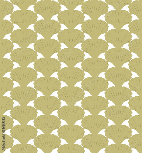 Seamless pattern of greenish shapes, similar to shells, for websites, postcards, textiles.