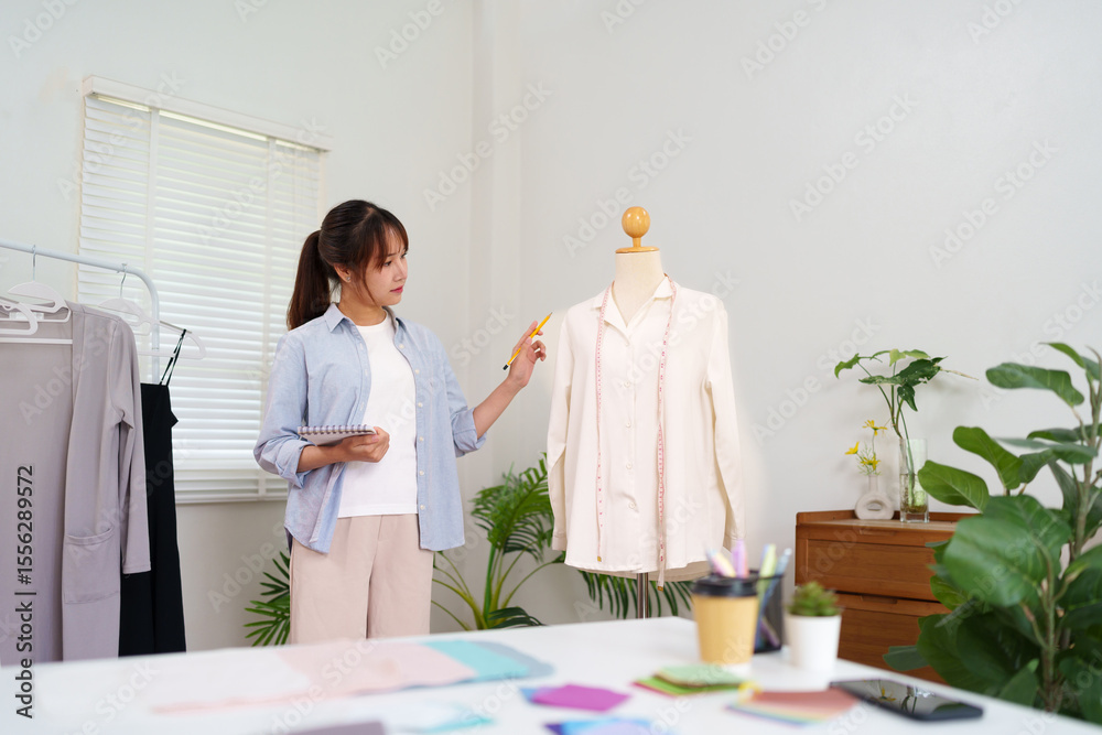 Fototapeta premium Young Asian Female Fashion Designer Creating Clothes on Mannequin in Studio Designing New Collection Trendy Garment Apparel Clothing Boutique Tailor Atelier