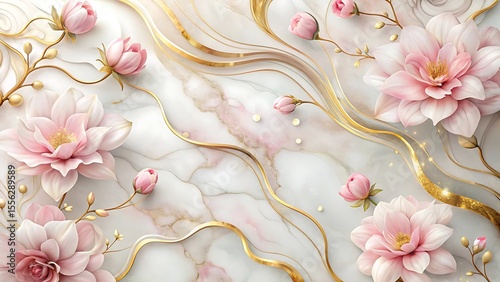Abstract marble marbled stone ink liquid fluid painted painting texture luxury background banner - Pink petals, blossom flower swirls gold painted lines