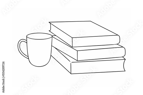 Black line drawing of a coffee mug beside a stack of three books
