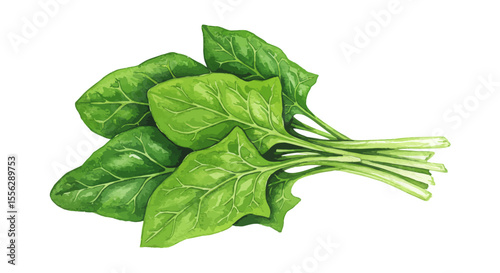 Detailed Watercolor Illustration Of A Vibrant Bundle Of Leafy Green Spinach Displaying Lush Textures And Subtle Shading On A Clean White Background