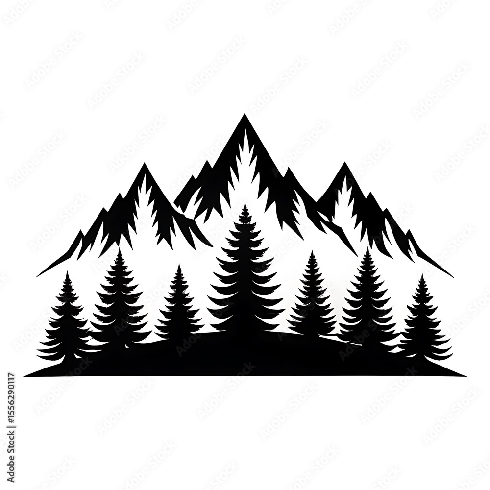 Obraz premium Black silhouette of mountains and fir trees camping adventure wildlife landscape panorama illustration icon vector for logo, isolated on white background