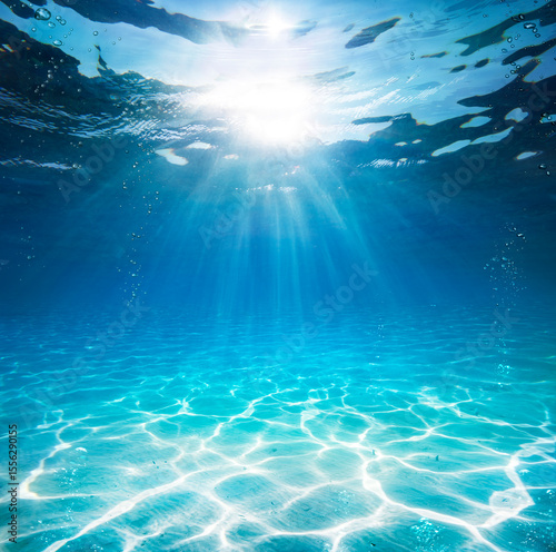 Underwater In Blue Sea - Deep Water Abyss With Sunshine