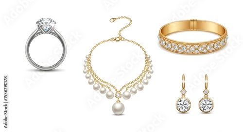 Diamond Ring, Pearl Necklace, Gold Bracelet and Earrings Set | Luxury Jewelry Collection for Wedding, Anniversary and Special Occasion Gifts
Luxury Fashion Accessories Icon Set .