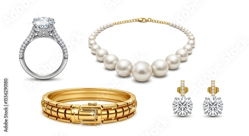 Diamond Ring Pearl Necklace Gold Bracelet and Earrings Set | Luxury Jewelry Collection for Wedding, Anniversary and Special Occasion Gifts