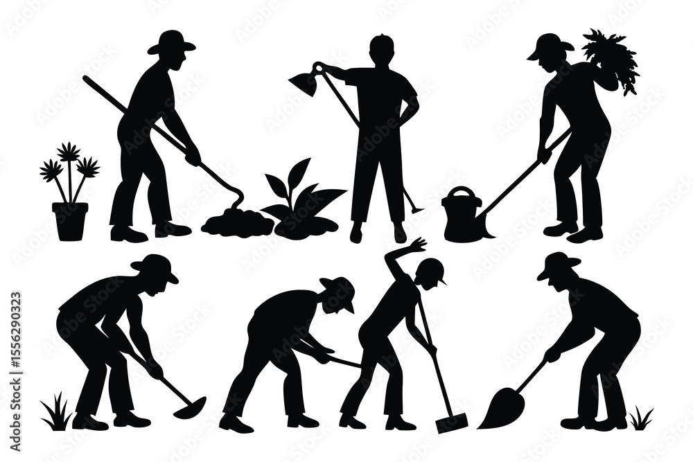Naklejka premium Six Black Silhouettes Gardeners Working Bundle gardening