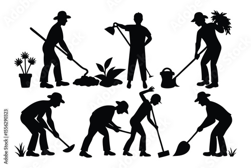 Six Black Silhouettes Gardeners Working Bundle gardening