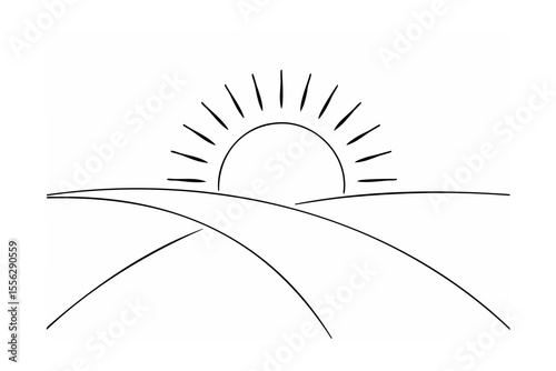 Black line drawing of sun rising over rolling hills landscape