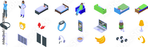 Tips better sleep icons set. Sleep hygiene essentials and healthy habits for better sleep, featuring isometric icons of beds, sleep masks, and a doctor giving advice