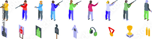 Human shooting range icons set. Shooters aiming and firing rifles and pistols at targets in a shooting range, with safety equipment, awards, and ammunition