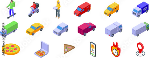 Pizza delivery car icons set. Isometric icons representing pizza delivery, featuring various vehicles, a courier, online ordering, and hot delivery symbols