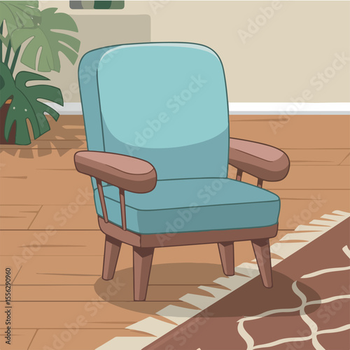 Create a flat-style vector illustration of a cushioned dining chair in a cartoon style. Use a wooden frame with a soft blue cushion for contrast."
