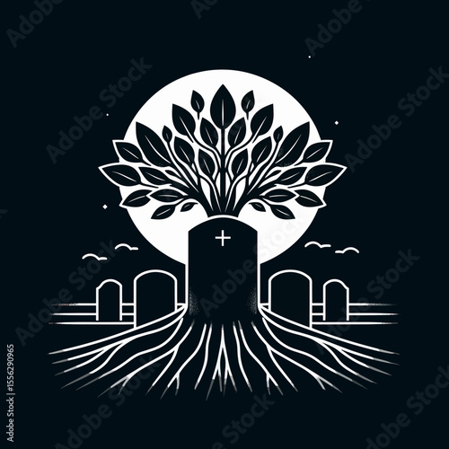 Tree growing from gravestone in dark cemetery under moonlight  