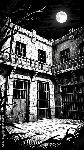 Moonlit Courtyard of a Stone Building with Barred Windows and Doors