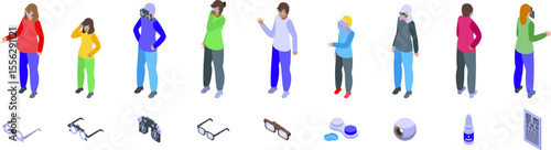 Trial glasses icons set. Ophthalmologist performing eye examinations and prescribing glasses, contact lenses and eye drops