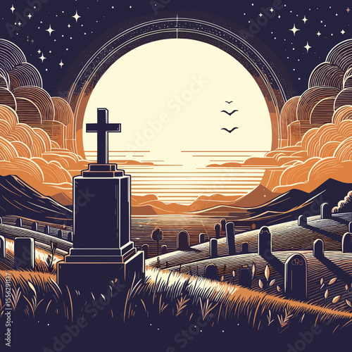 Graveyard landscape with cross under a full moon and clouds  