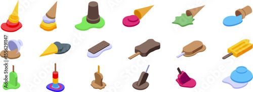 Fallen ice cream icons set. Isometric view of various ice cream types melting, symbolizing summer heat, food waste, or disappointment