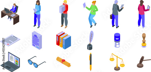 Notarization icons set. Notary public working with legal documents, using laptop, binders, quill, stamp, and scales of justice