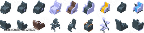 Massage chair icons set. Isometric set of massage chairs providing ultimate relaxation and comfort