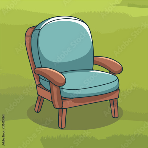 Create a flat-style vector illustration of a cushioned dining chair in a cartoon style. Use a wooden frame with a soft blue cushion for contrast."
