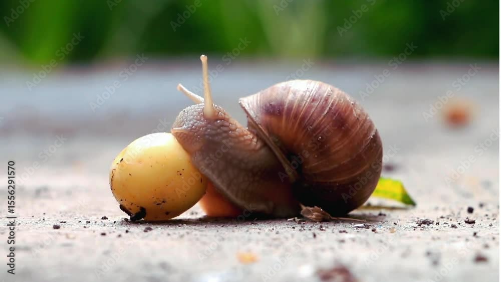 Snail eating food close up macro shot garden snail feeding on yellow fruit nature wildlife animal 100mm