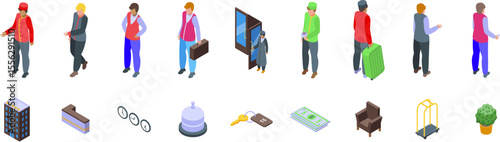 Porter icons set. Hotel service icons set featuring staff, reception desk, luggage, key, money, and furniture
