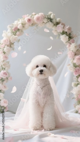 A fluffy white dog adorned with a veil, sitting under a floral archway surrounded by petals.