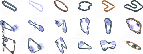 Engine belt icons set. Set of timing belts connecting rotating gears and pulleys, ensuring smooth and synchronized operation in various mechanical systems