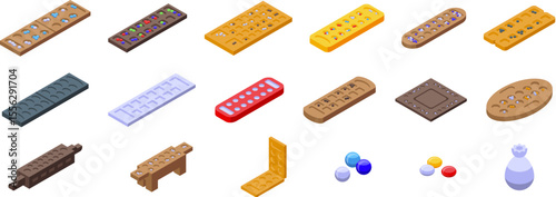 Mancala icons set. Mancala board game icons set showing various designs and materials of this traditional african game in isometric view