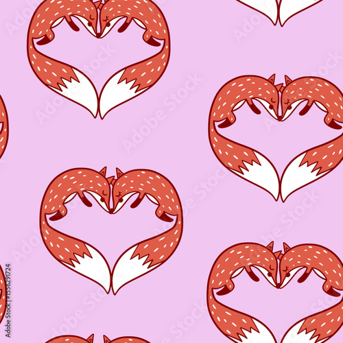 Cartoon foxes in heart shape childish seamless pattern design. Vector illustration.
