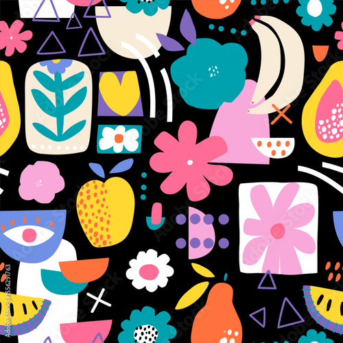 Seamless pattern with abstract fruits, shapes, eye, heart, flowers. Modern bold texture for fabric, textile, packaging. Vector illustration.