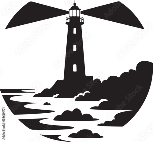 Coastal Beacon Vector Silhouette: Guiding Light on Rocky Shoreline Landscape