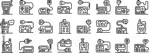 Police radio communication icons set. Icons depicting portable radio transceivers, highlighting different models and features for diverse communication needs