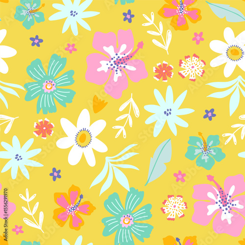Seamless pattern with summer tropical flowers. Jungle florals, leaves yellow texture. Vector illustration.