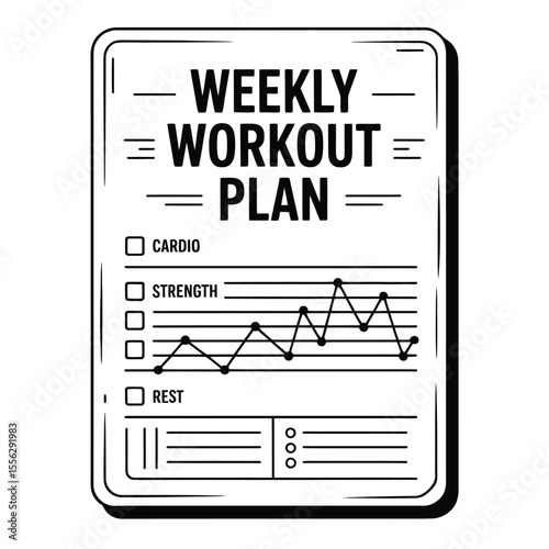 Black and white vector weekly workout plan sheet with checkboxes for cardio, strength, and rest in clean, minimalist layout