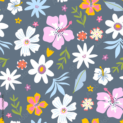 Seamless pattern with summer tropical flowers. Jungle florals, leaves texture. Vector illustration.