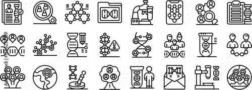 Genealogy research icons set. Set of icons representing genetic research, dna analysis, and human genome exploration, using microscopes, documents, and scientific tools