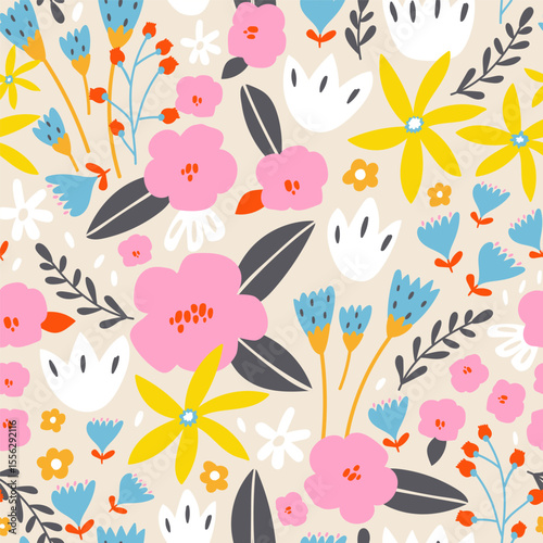 Seamless botanical pattern with abstract flowers. Bright floral pink summer background. Vector texture for fabric, wallpapers, apparel, textile