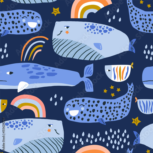Childish seamless pattern with whales, rainbows and undersea animals. Marine cartoon creatures background for fabric, textile, digital papers. Vector illustration
