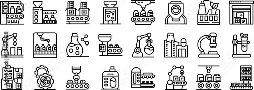 Pharmaceutical factory icons set. Pharmaceutical production line using advanced technology, featuring robotic arms, conveyor belts, and automated systems for efficient medicine manufacturing