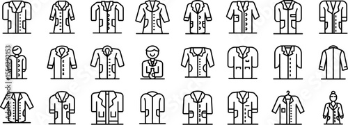 Lab coats icons set. Medical professionals wearing various styles of lab coats, ensuring hygiene and safety in healthcare and research settings