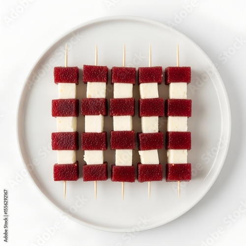 Top view of Brazilian Romeu e Julieta skewers made with cheese and guava paste