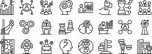 Mentorship workplace icons set. Business development, strategy planning, management consulting, coaching, training and development line icons