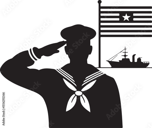 Naval Salute Vector Silhouette: Sailor Honoring Flag and Ship at Sea