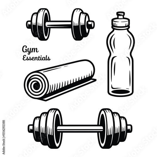 Hand-drawn black and white vector icon set of gym equipment including dumbbell, mat, bottle, and barbell in minimalist line art style