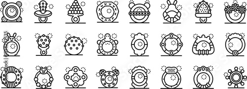 Teething toys icons set. Different designs of teething toys providing comfort and stimulation to babies during the teething phase