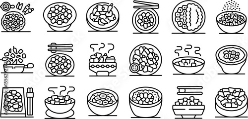 Kung pao chicken icons set. Set of jewish shabbat cholent icons showing various ways of cooking and serving, including ingredients and utensils